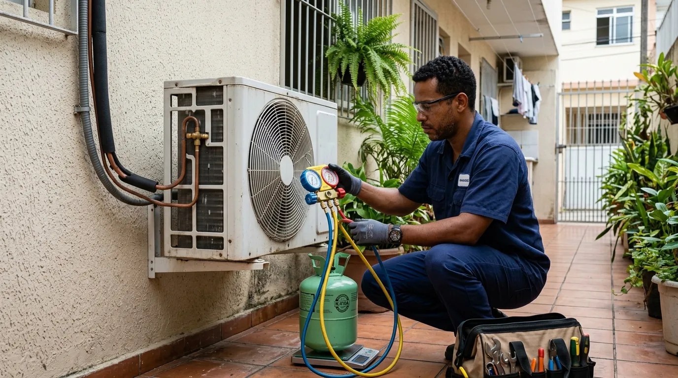 Técnico fazendo carga de gás na condensadora do ar-condicionado em Belo Horizonte‑MG