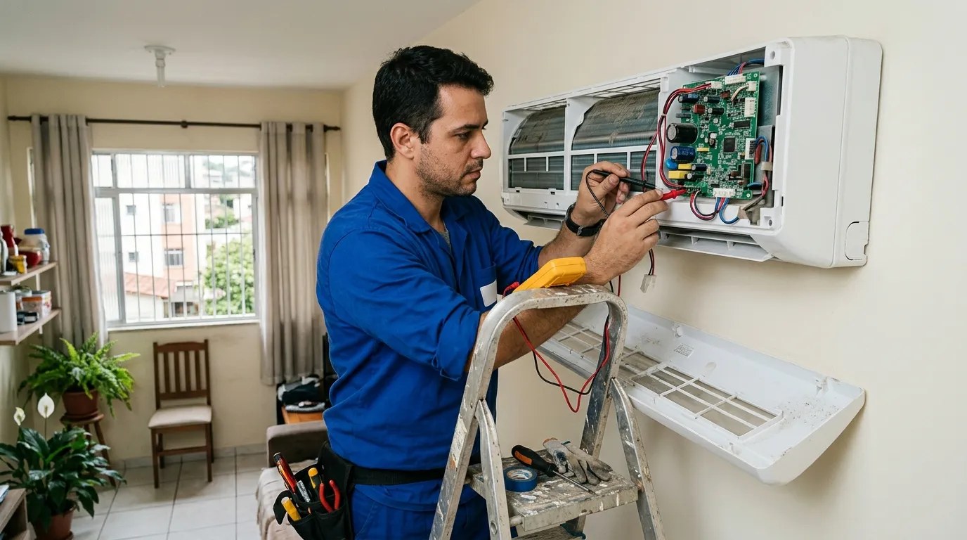 Técnico trocando a placa eletrônica de ar-condicionado split em Belo Horizonte‑MG