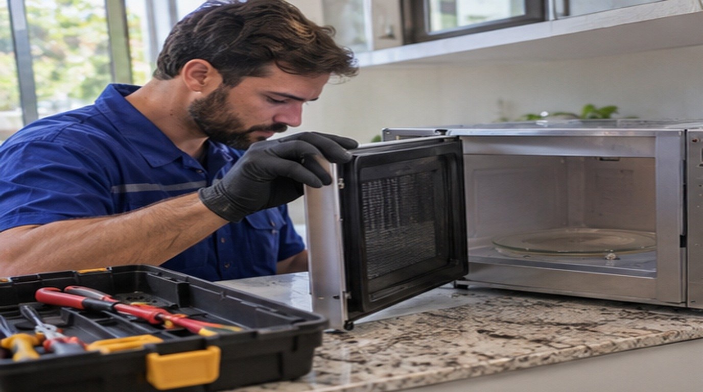 Conserto de micro-ondas em Belo Horizonte‑MG: técnico abrindo um micro-ondas de bancada