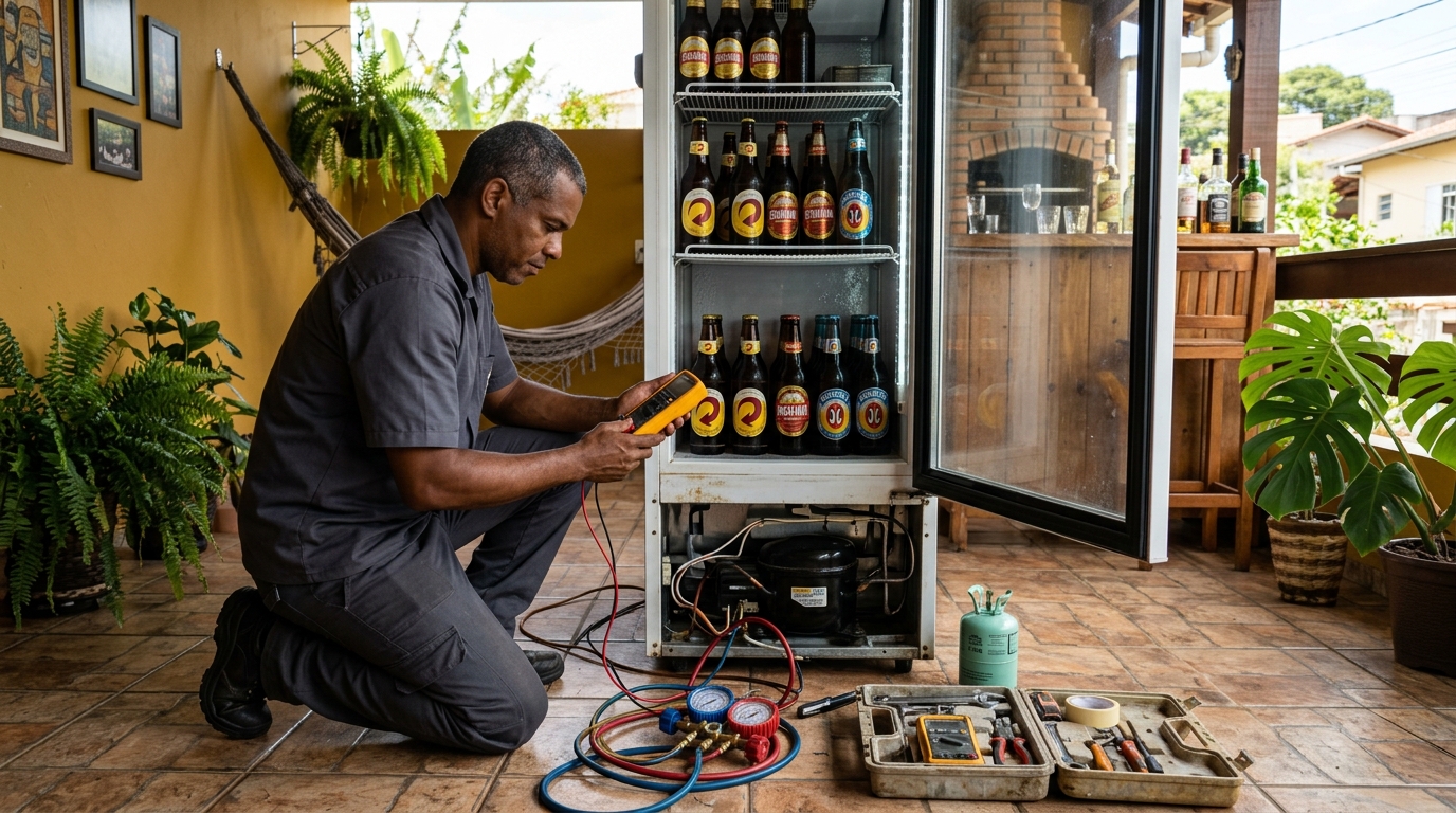 Placa eletrônica de cervejeira em reparo na bancada no Silveira, Belo Horizonte‑MG