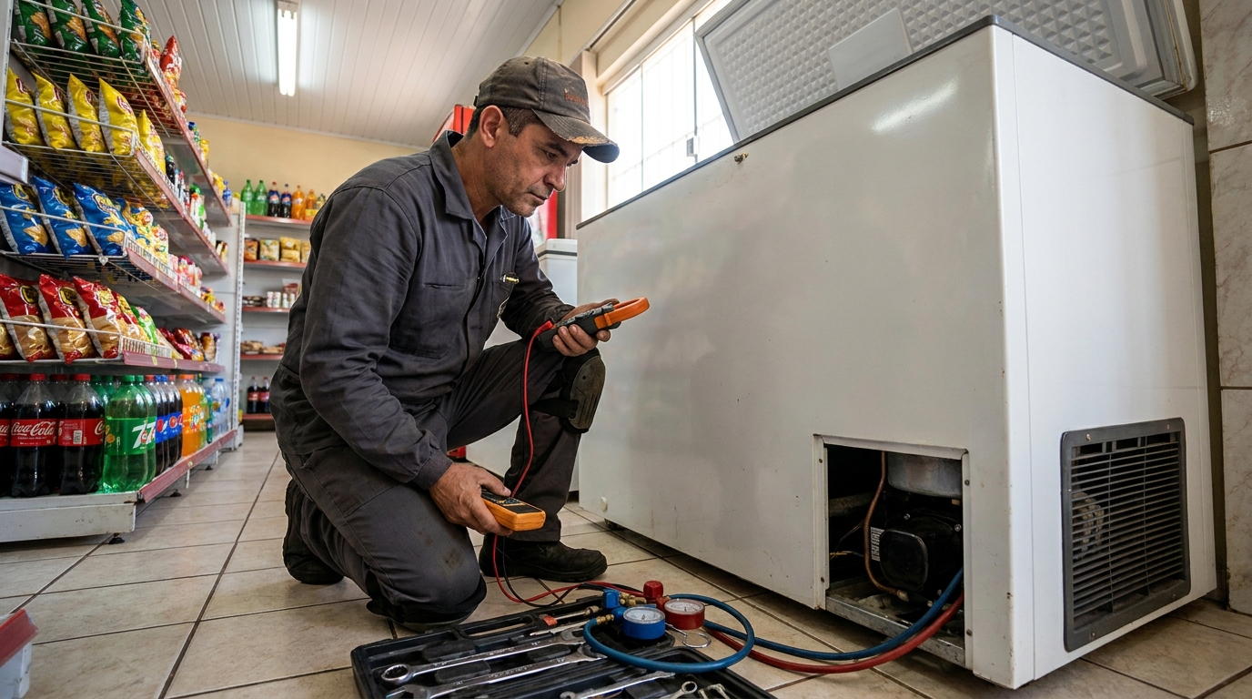 Reparo da placa eletrônica de um freezer em atendimento no Comiteco, Belo Horizonte‑MG