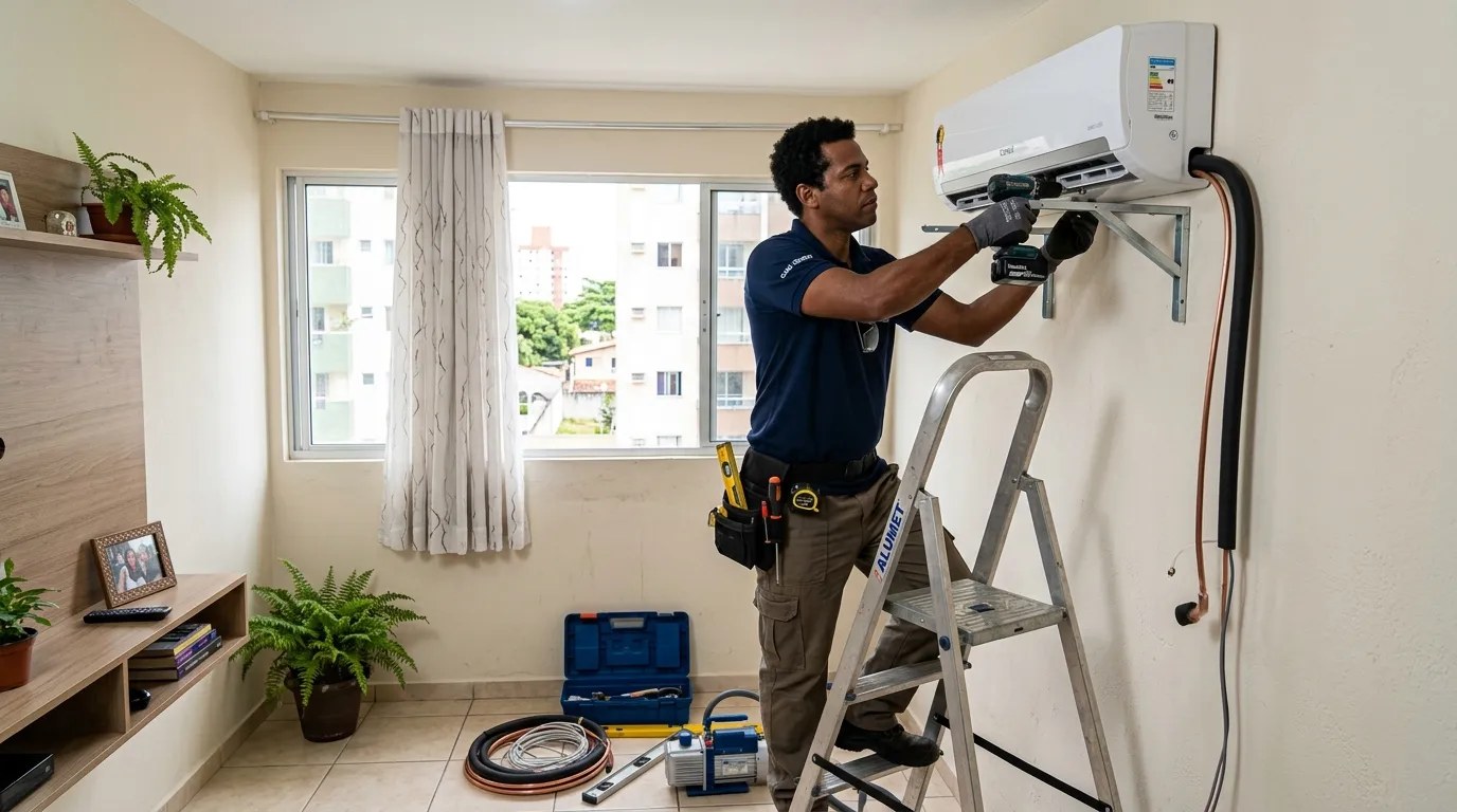 Técnico instalando ar-condicionado split em residência em Belo Horizonte‑MG