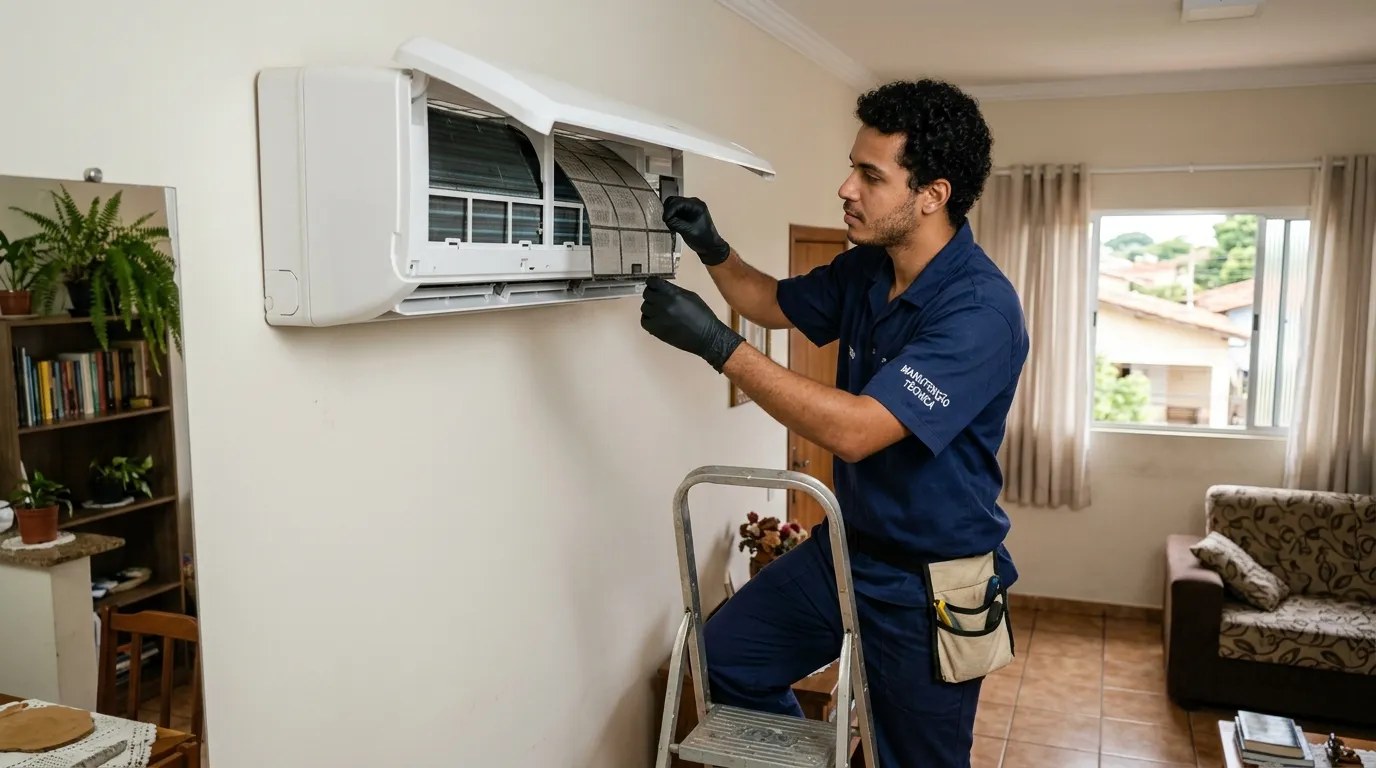 Técnico fazendo limpeza e higienização de ar-condicionado split em Belo Horizonte‑MG