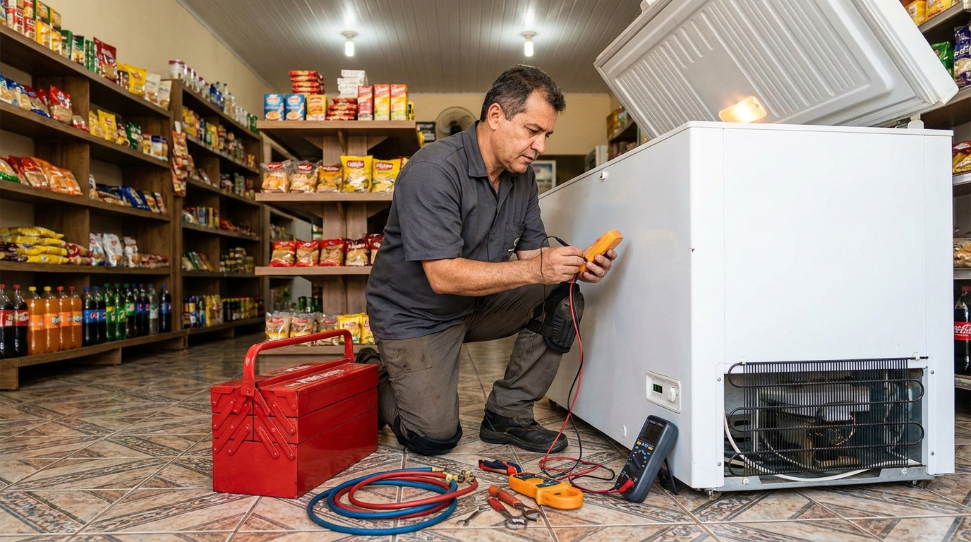 Manômetro conectado ao circuito durante recarga de gás de freezer no Comiteco, Belo Horizonte‑MG
