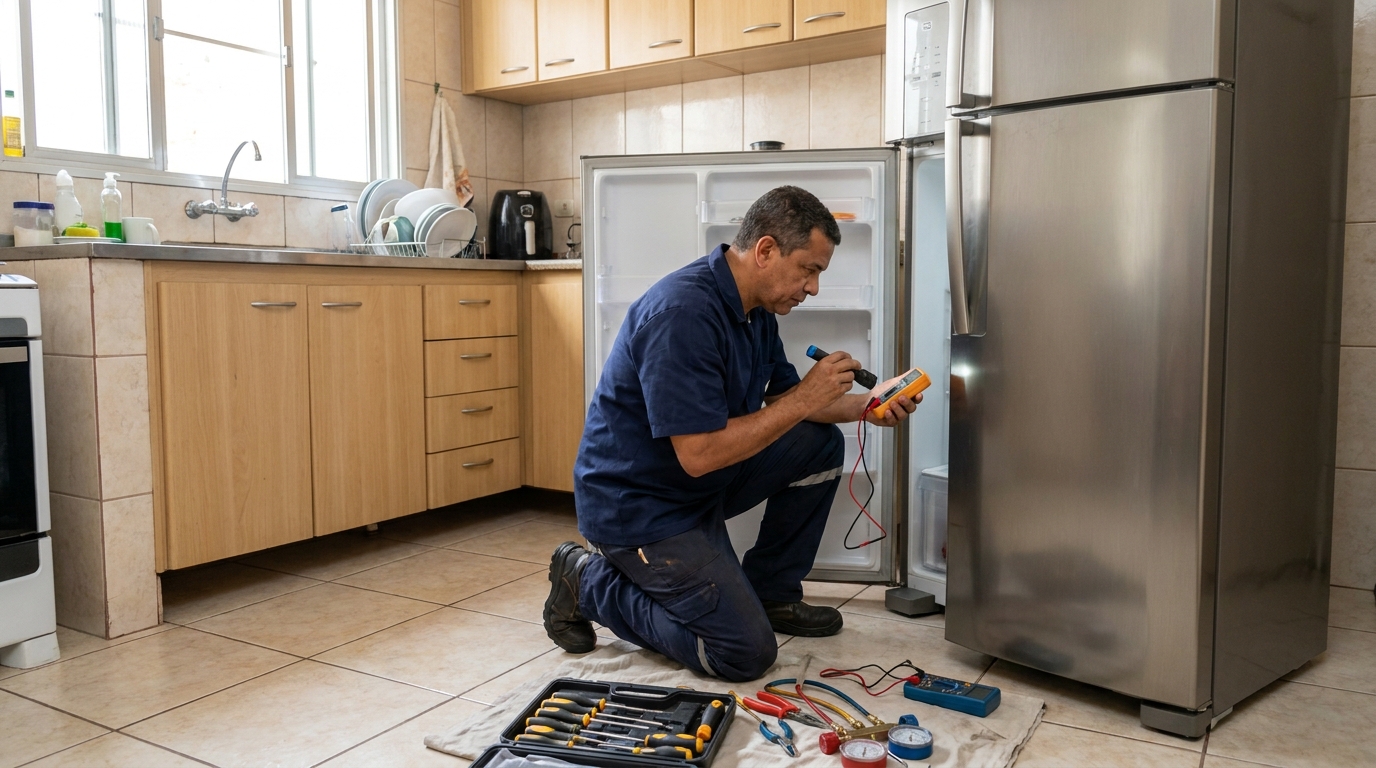 Técnico fazendo recarga de gás em geladeira de cliente no Ipê, Belo Horizonte‑MG