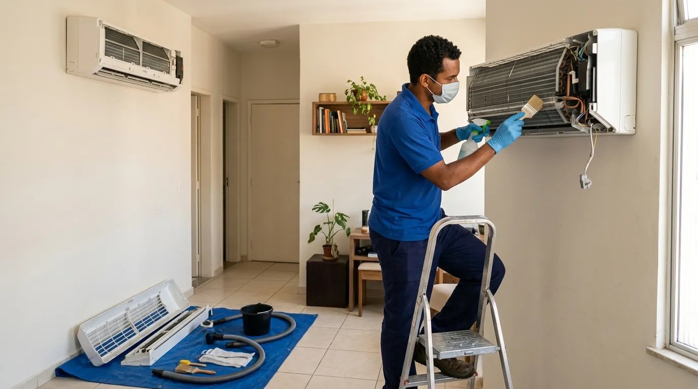 Técnico fazendo manutenção de ar-condicionado split em Belo Horizonte‑MG