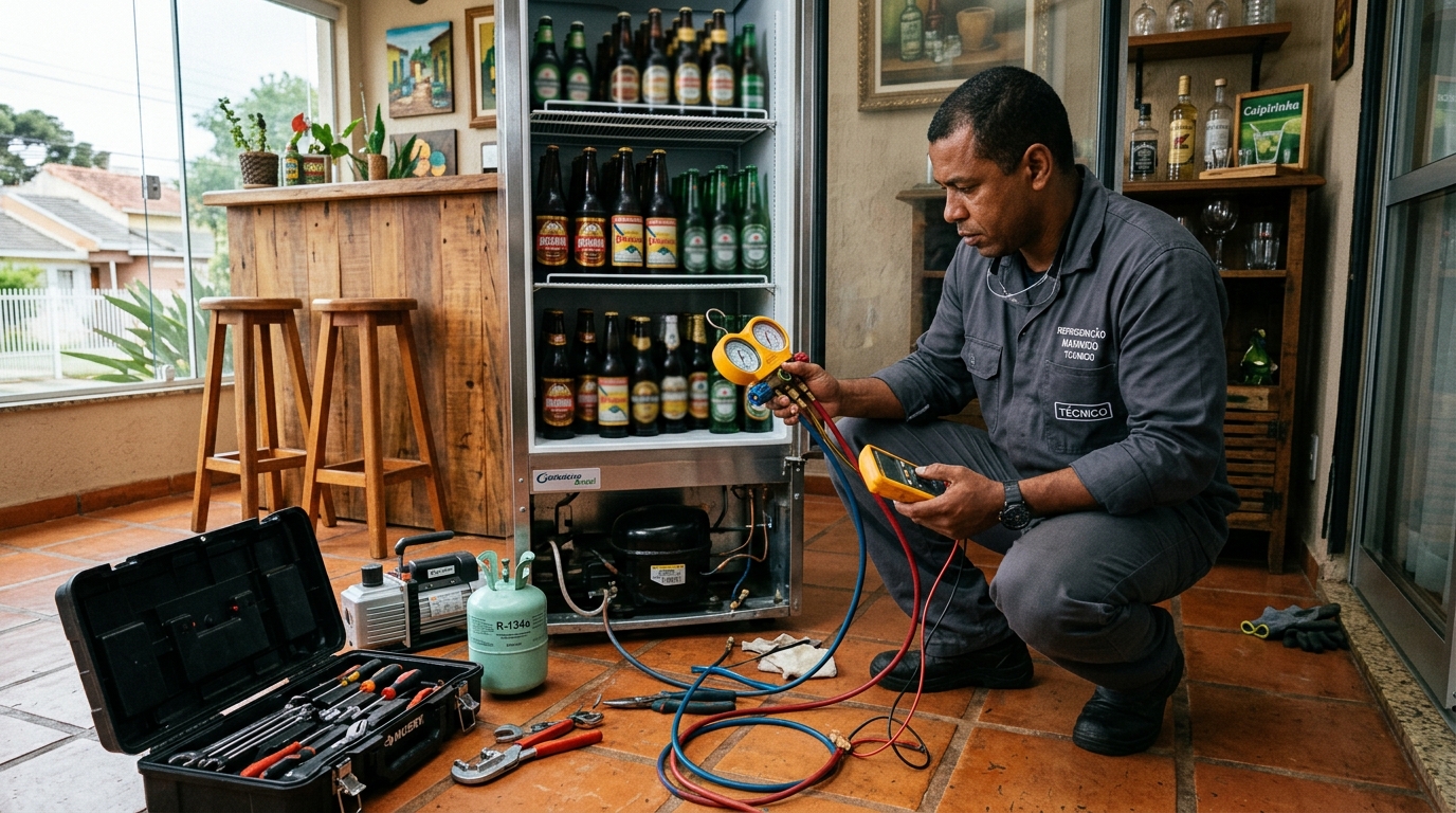Técnico conferindo a temperatura de uma cervejeira durante atendimento no Silveira, Belo Horizonte‑MG