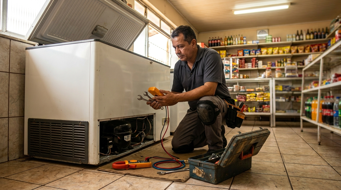 Técnico avaliando um freezer vertical durante atendimento no Comiteco, Belo Horizonte‑MG