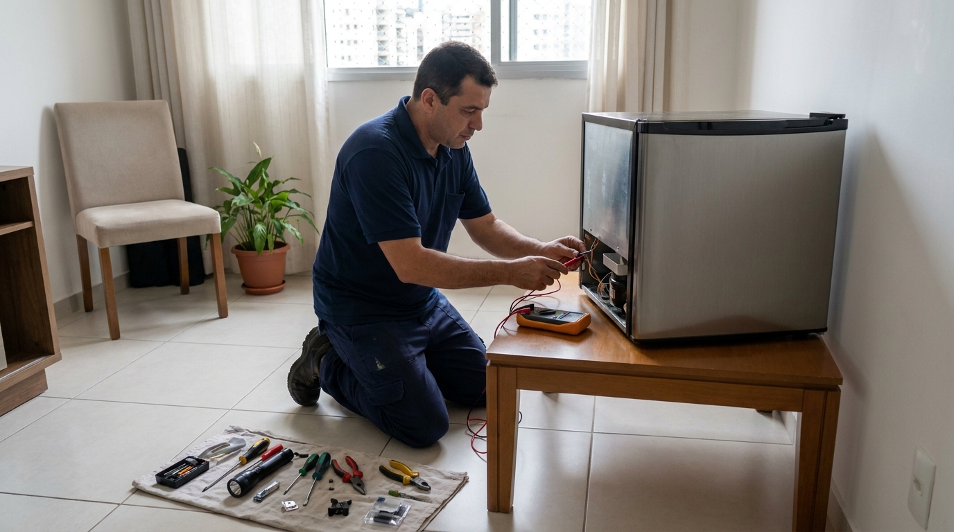 Técnico avaliando um frigobar compacto durante atendimento no Ipê, Belo Horizonte‑MG