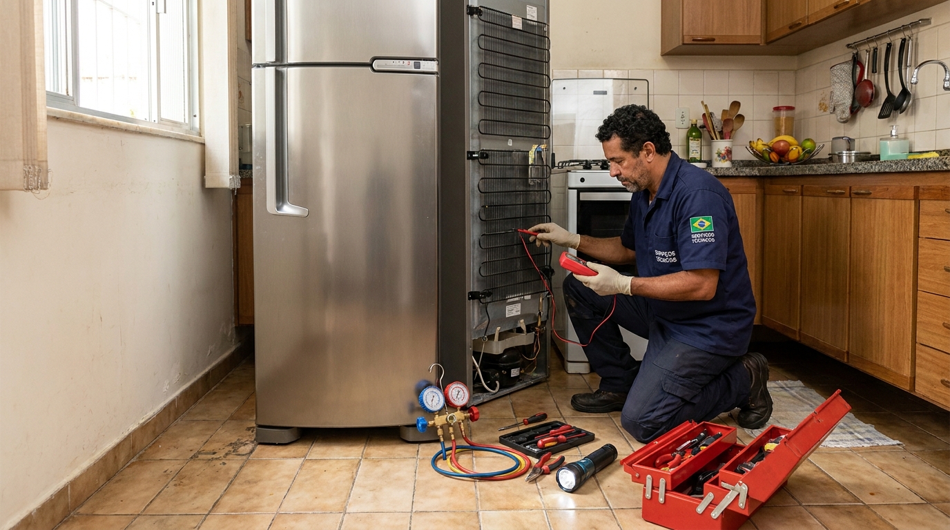Técnico consertando uma geladeira na casa do cliente no Ipê, Belo Horizonte‑MG