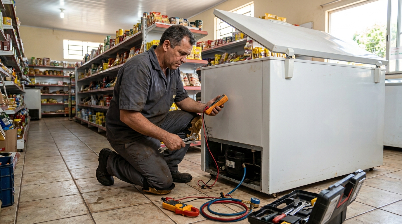 Substituição do termostato de um freezer durante visita técnica no Comiteco, Belo Horizonte‑MG